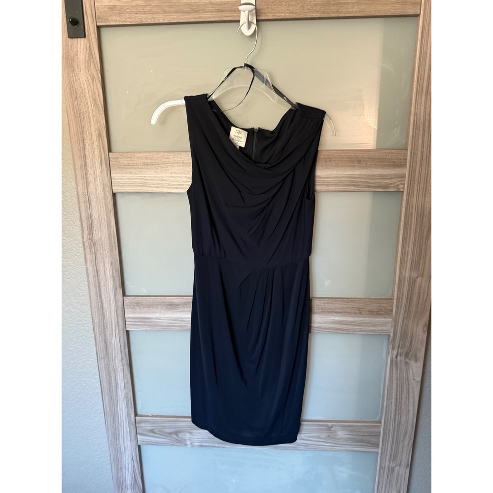 Suzi Chin Maggy Boutique Navy Blue Draped Sheath Dress 6P Petite Sleeveless Cowl